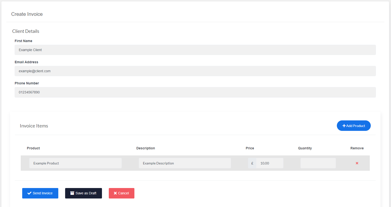 The page containing all the information about the draft invoice